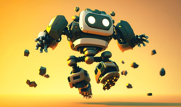 Exuberant robot performing a leap of happiness on a sunny yellow background