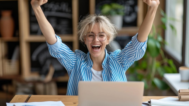 exuberant woman with tousled hair and glasses is raising her arms triumphantly in front of a laptop expressing joy and success