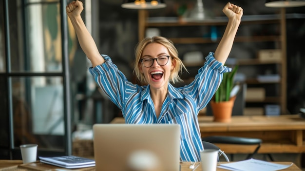 exuberant woman with tousled hair and glasses is raising her arms triumphantly in front of a laptop expressing joy and success