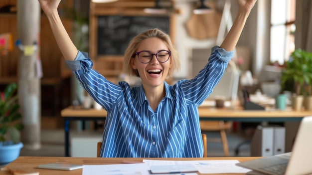 exuberant woman with tousled hair and glasses is raising her arms triumphantly in front of a laptop expressing joy and success