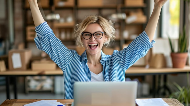 Photo exuberant woman with tousled hair and glasses is raising her arms triumphantly in front of a laptop expressing joy and success