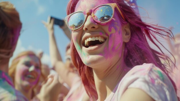 Exuberant young woman with colorful paint on her face celebrating at a festival