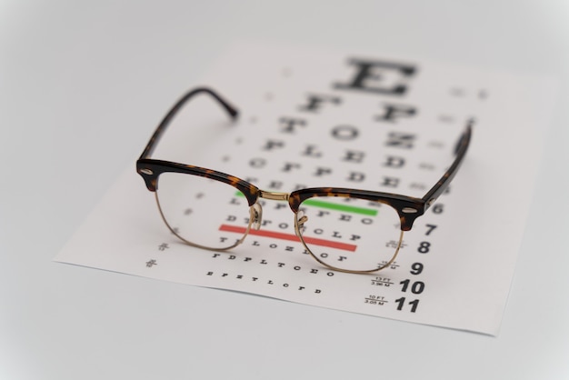 Eye Exam, testing Board for verification of the patien. Vision test board optometrist with glasses