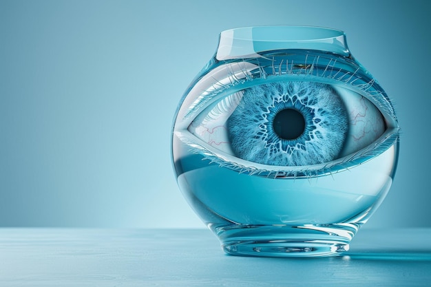 Eye in a glass jar filled with blue liquid symbolizing preservation and scientific curiosity set a