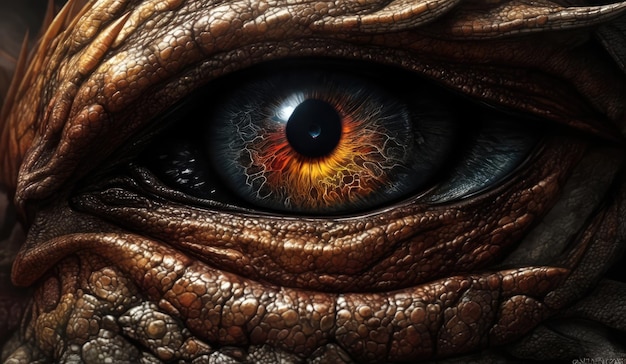 The eye iris of fire dragon crocodile wild animal The gaze of the devil Closeup macro shot