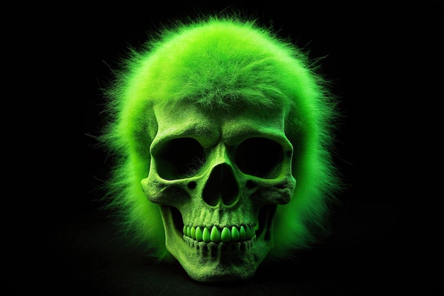 Photo eye level green fuzzy skull art on black background