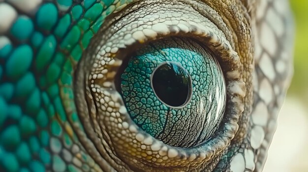 Photo the eye of a lizard is blue and green