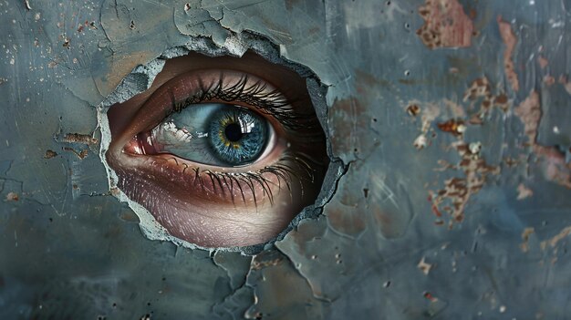 Eye peeping through hole mixed media