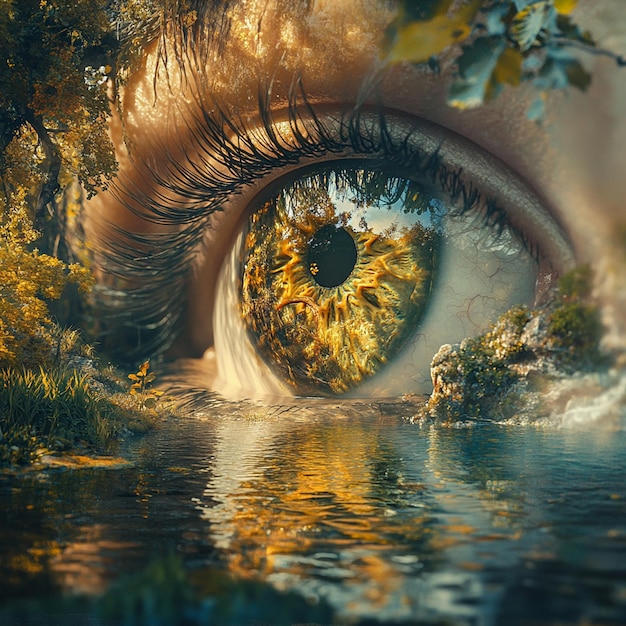 Photo eye and waterfall amidst vibrant vegetation