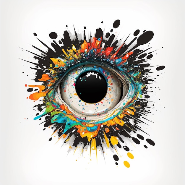 An eye with a black eye and a black eye with a colorful blots of paint.