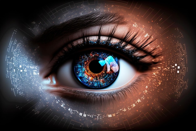 An eye with blue eyes and a glowing background.