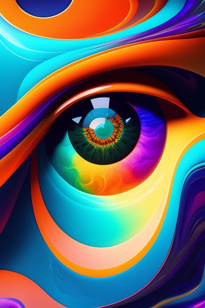 An eye with colorful lines and a rainbow colored iris