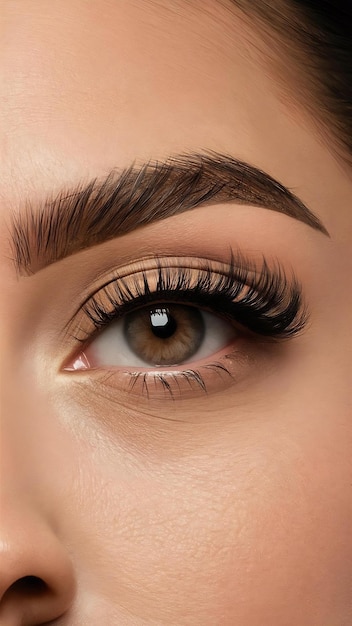 Eye with long eyelashes and light brown eyebrow close up eyelashes lamination microblading