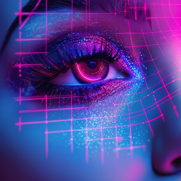 Photo an eye with vibrant makeup set against an abstract grid background in neon colors