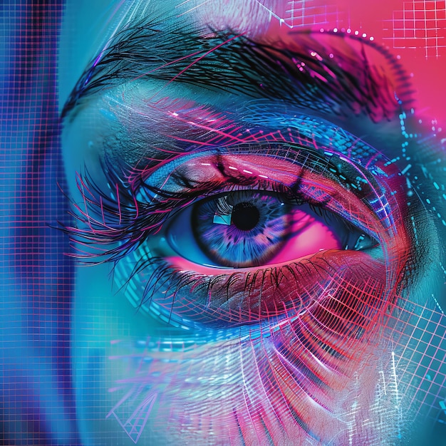 Photo an eye with vibrant makeup set against an abstract grid background in neon colors