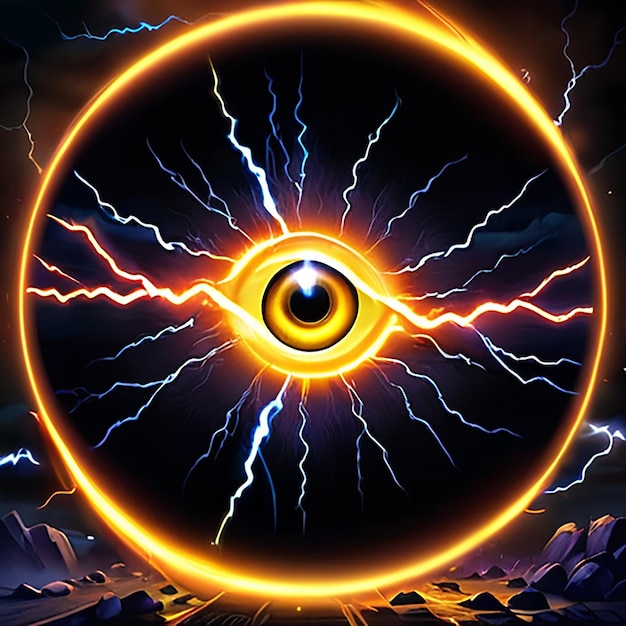 an eye with a yellow eye and a black background with a yellow light