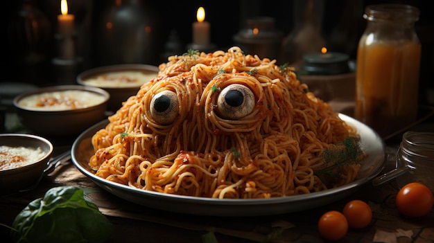 Eyeball pasta in spooky Halloween sauce Creepy and delicious macabre cuisine Perfect for a frightful October celebration