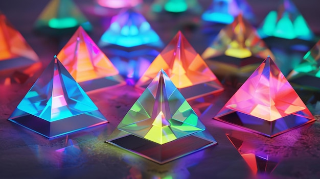 Photo eyecatching 3d glowing pyramids with vivid colors