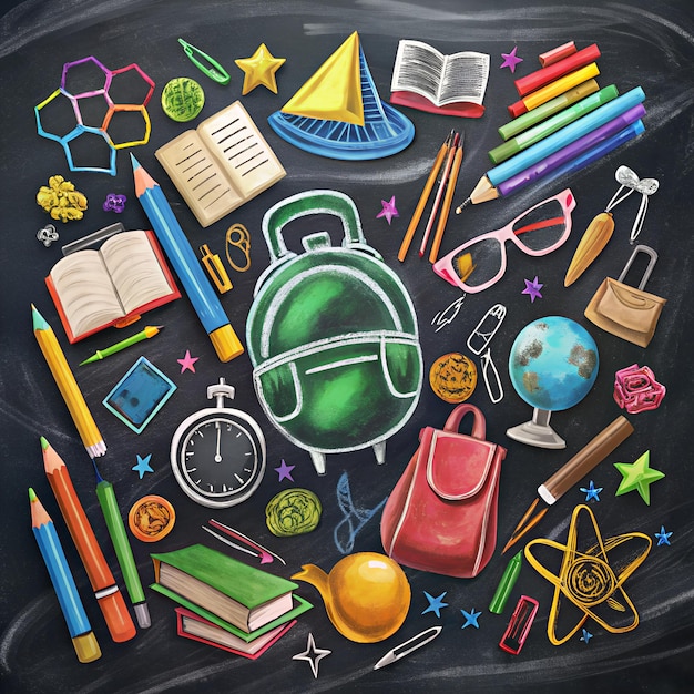 EyeCatching Back to School Chalk Design on Blackboard with School Items