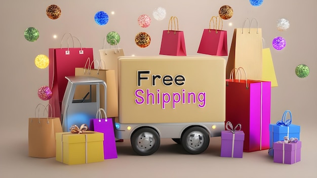 EyeCatching Free Shipping Text on delivery truck with Shopping Bags