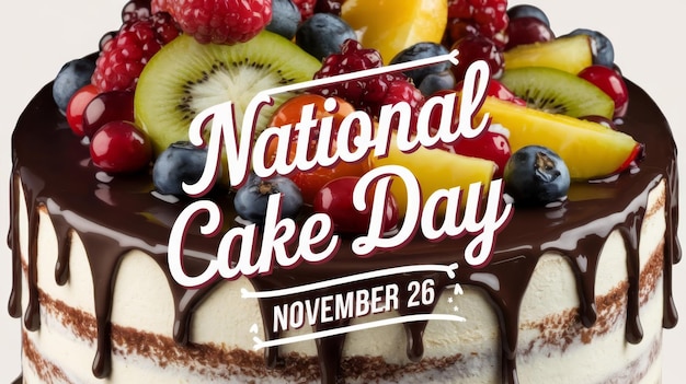 Photo eyecatching national cake day poster featuring a luscious fruit cake isolated on white