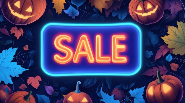 Eyecatching neon SALE sign amidst glowing pumpkins and autumn leaves great