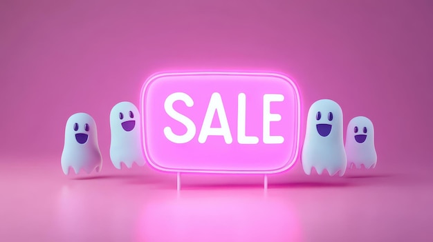 Eyecatching neon sale sign with playful ghosts for a fun Halloween promotion