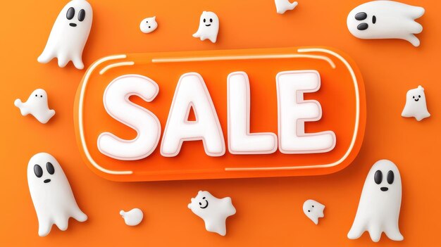 Eyecatching neon sale sign with playful ghosts for a fun Halloween promotion