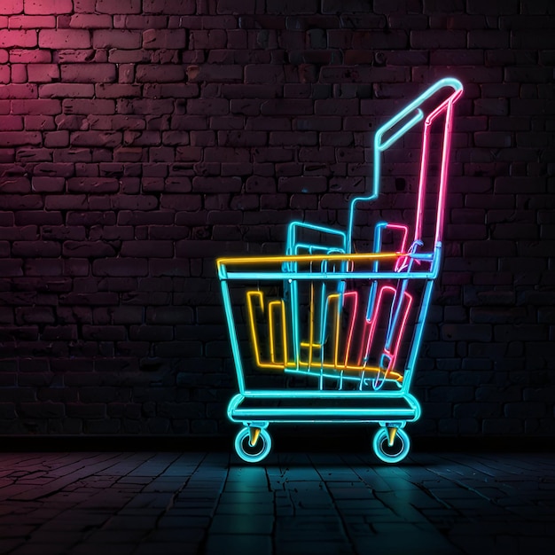 Photo eyecatching neon shopping cart icon brighten up your site with a glowing brick wall background