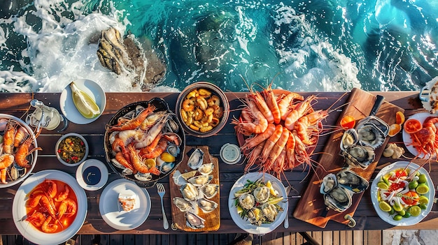 Eyecatching Ultrawide photo of a luxurious Mediterranean seafood feast served on a rustic wooden