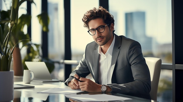 Eyeglasses curly hair man office worker ai generated portrait image copy space