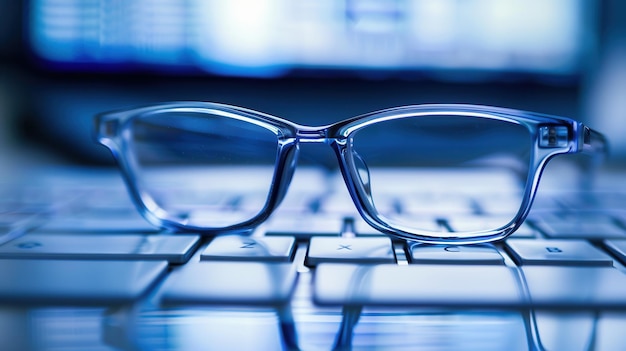 Eyeglasses lie on a computer keyboard with a blurred computer screen in the background Generative AI