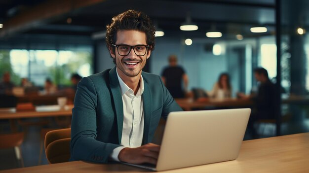 Eyeglasses male office worker laptop ai generated portrait image copy space