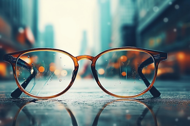 Eyeglasses set against an abstract city backdrop Generative Ai