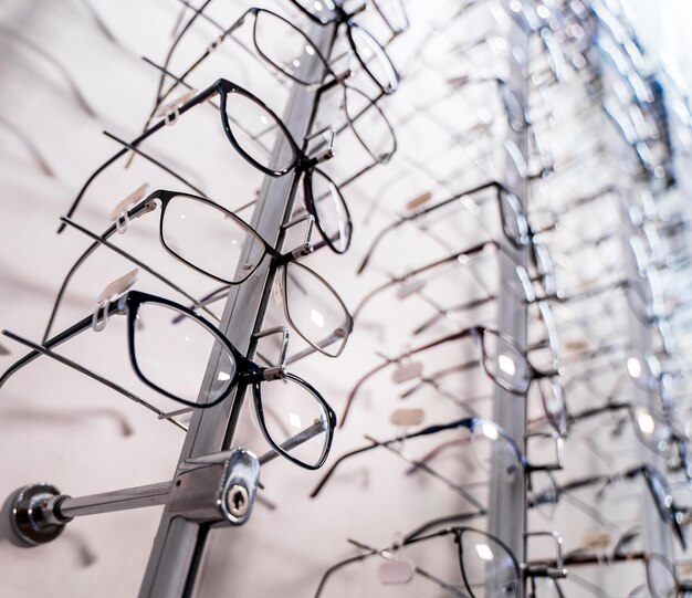 Eyeglasses shop Stand with glasses in the store of optics