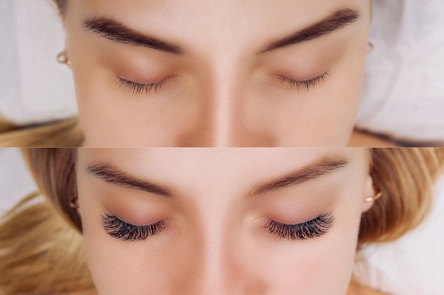 Eyelash extension comparison of female eyes before and after