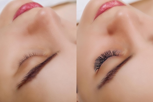 Eyelash extension comparison of female eyes before and after