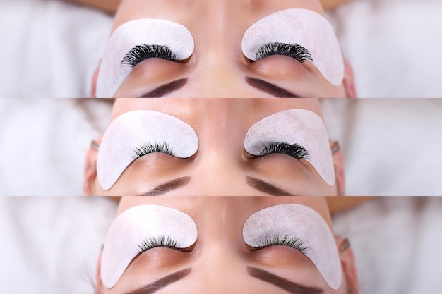 Eyelash extension comparison of female eyes before and after