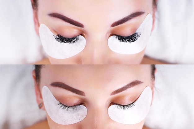 Eyelash extension procedure female eyes before and after