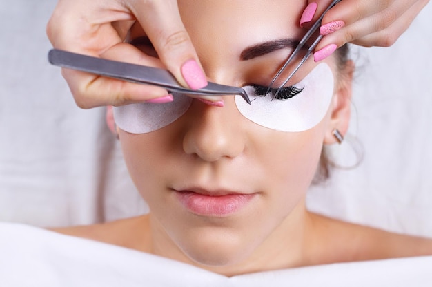 Eyelash Extension Procedure Woman Eye with Long Eyelashes Lashes close up macro selective focus