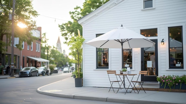 EyeLevel Angle a street corner cafe in a historic urban neighborhood with cozy outdoor seating umbrellas shading tables patrons enjoying coffee and conversation and old build