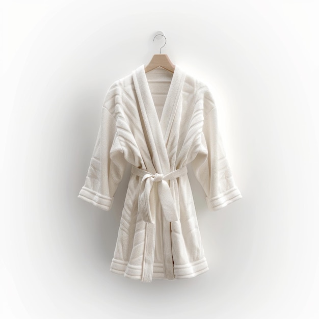 Eyelevel perspective of a chic contemporary spa robe rich fabric draped on a velvet hanger minimalist background enhanced with meticulous CG 3D rendering