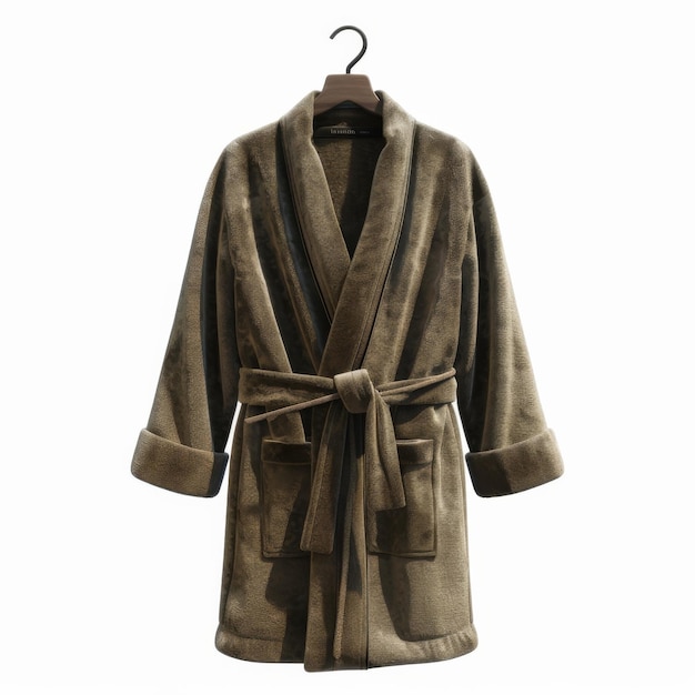 Eyelevel perspective of a chic contemporary spa robe rich fabric draped on a velvet hanger minimalist background enhanced with meticulous CG 3D rendering