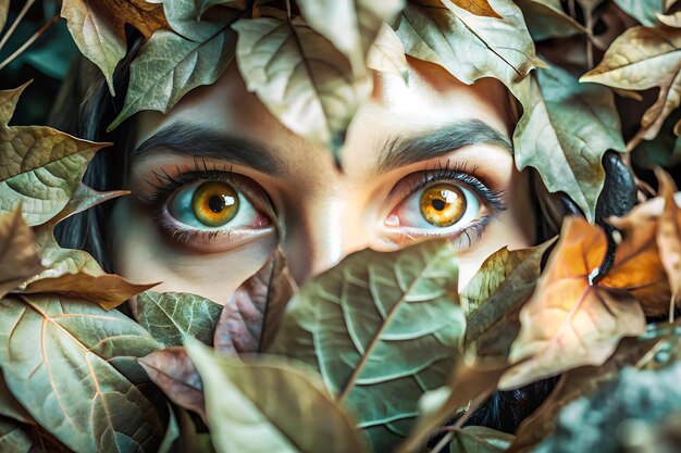 Photo eyes peeking through a forest of glowing painted leaves