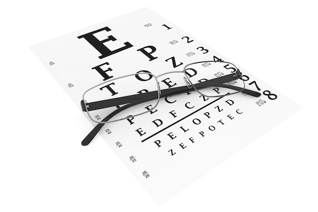 Eyesight test chart with modern reading glasses extreme closeup