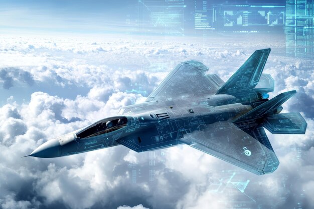 Photo f 20 fighter jet soars through fluffy clouds with futuristic technology interface overlay