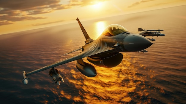 F air force fighter flying over the ocean beautiful sunset over horizon on the background jet milita