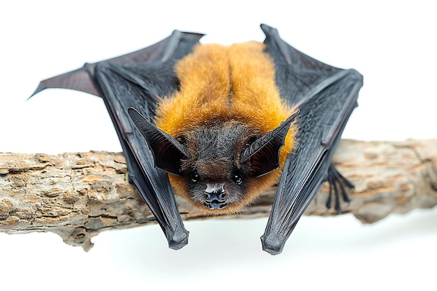 F guylainne delacroix style bat hanging upside down on branch isolated white background