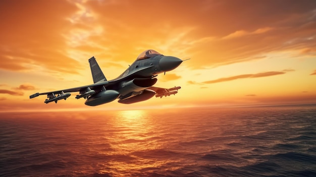 F16 air force fighter flying over the ocean beautiful sunset over horizon on the background Jet military aircraft patrols territory makes a training flight Close up aerial view 3D rendering