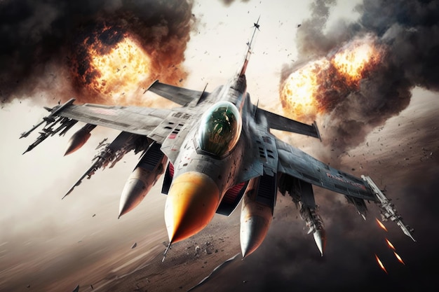 An F16 fighter flying over the skies of a war zone firing high range missiles Fighter jet concept